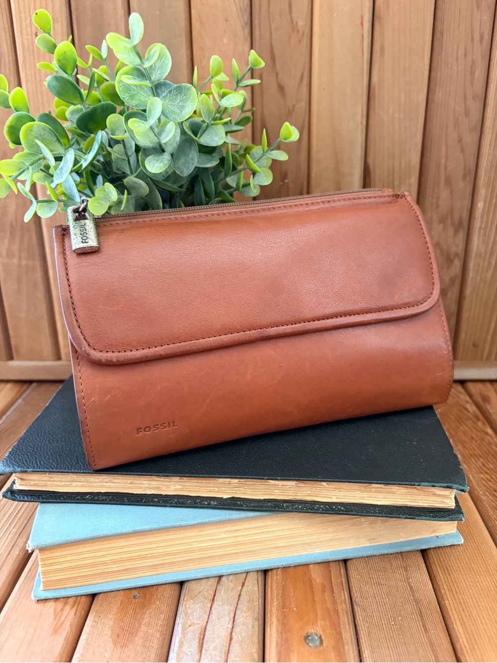 Fossil Cognac Leather Wallet Crossbody Clutch Organizer Purse